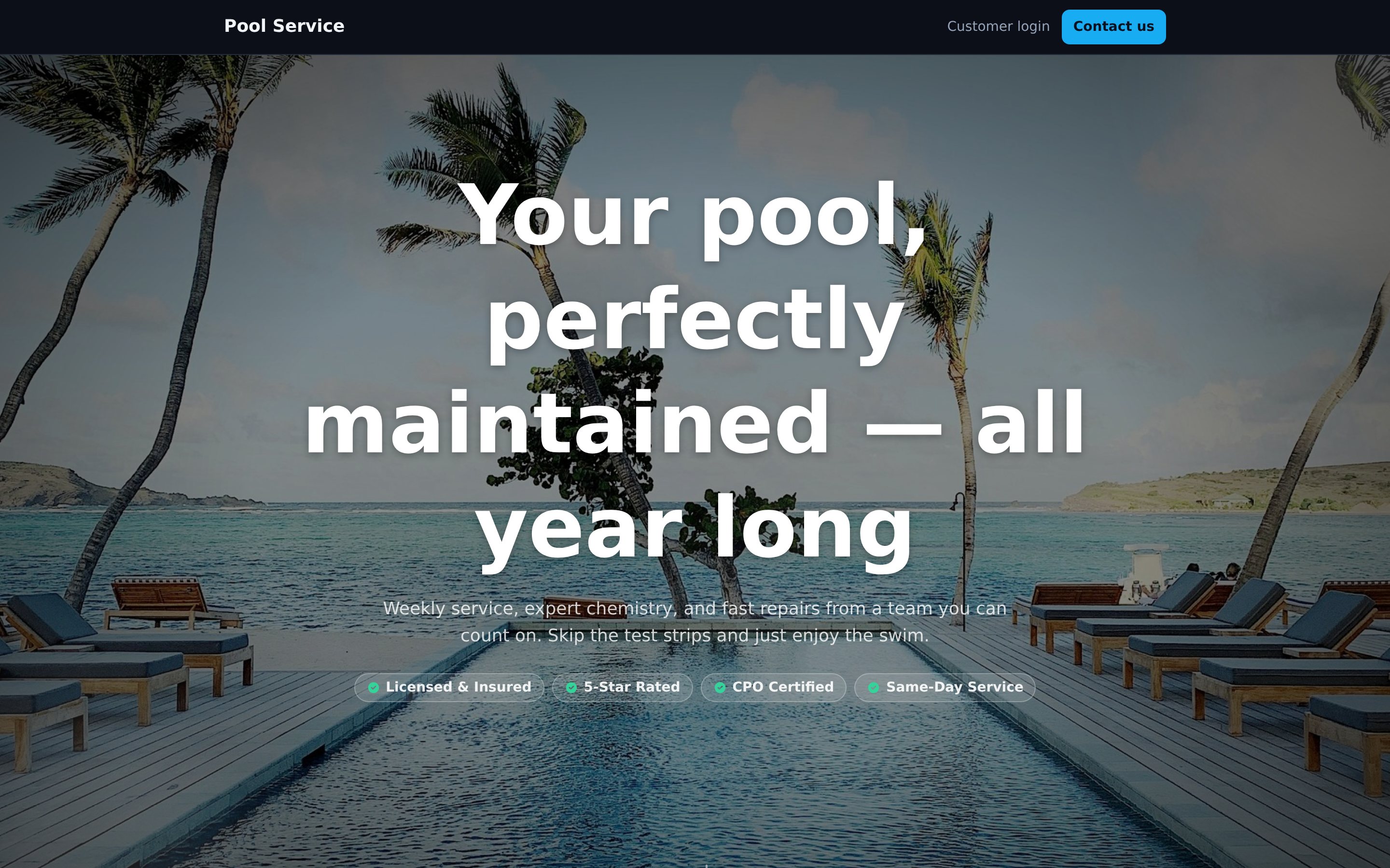 A live pool service company website built and hosted on RoutePilot