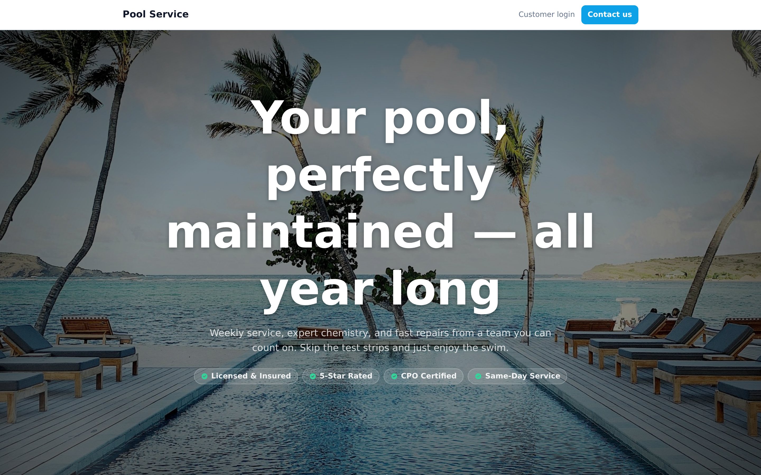 A live pool service company website built and hosted on RoutePilot